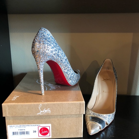 Louboutin Biblio Silver Glitter, like new heels - Picture 2 of 8